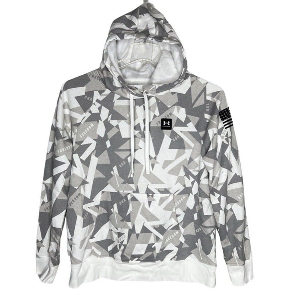 Under Armour Shirt Womens Large White‎ Gray Freedom Rival Amp Hoodie Sweatshirt - Picture 1 of 9